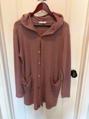Mauve Hooded Button-Front Waffle Knit Sweater 2x